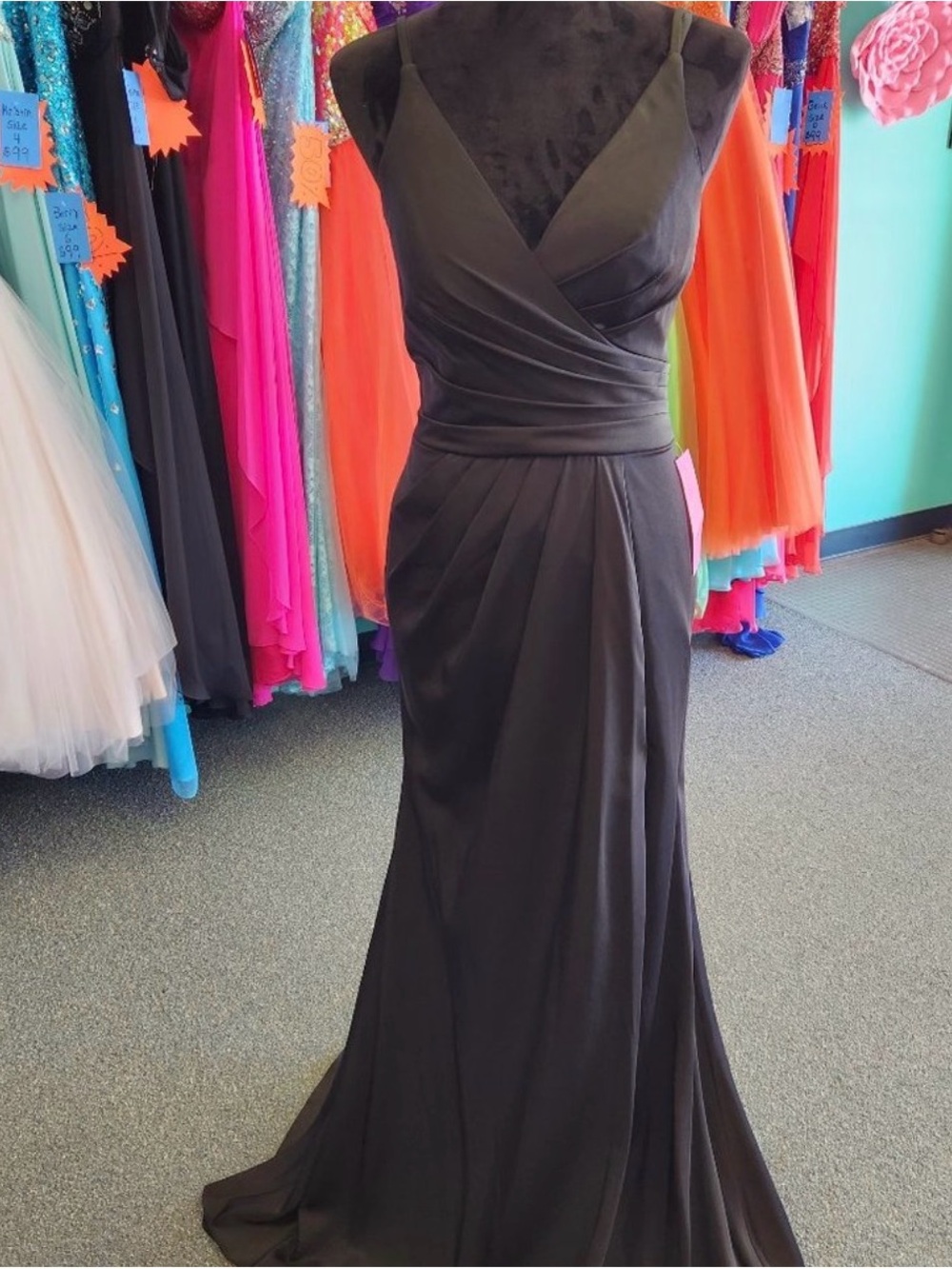 Amelia Couture Elegant Black V-Neck Evening Gown, Size 6